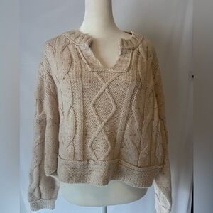 Urban Outfitters cream crop drop-sleeve sweater, cable detail small V neck
